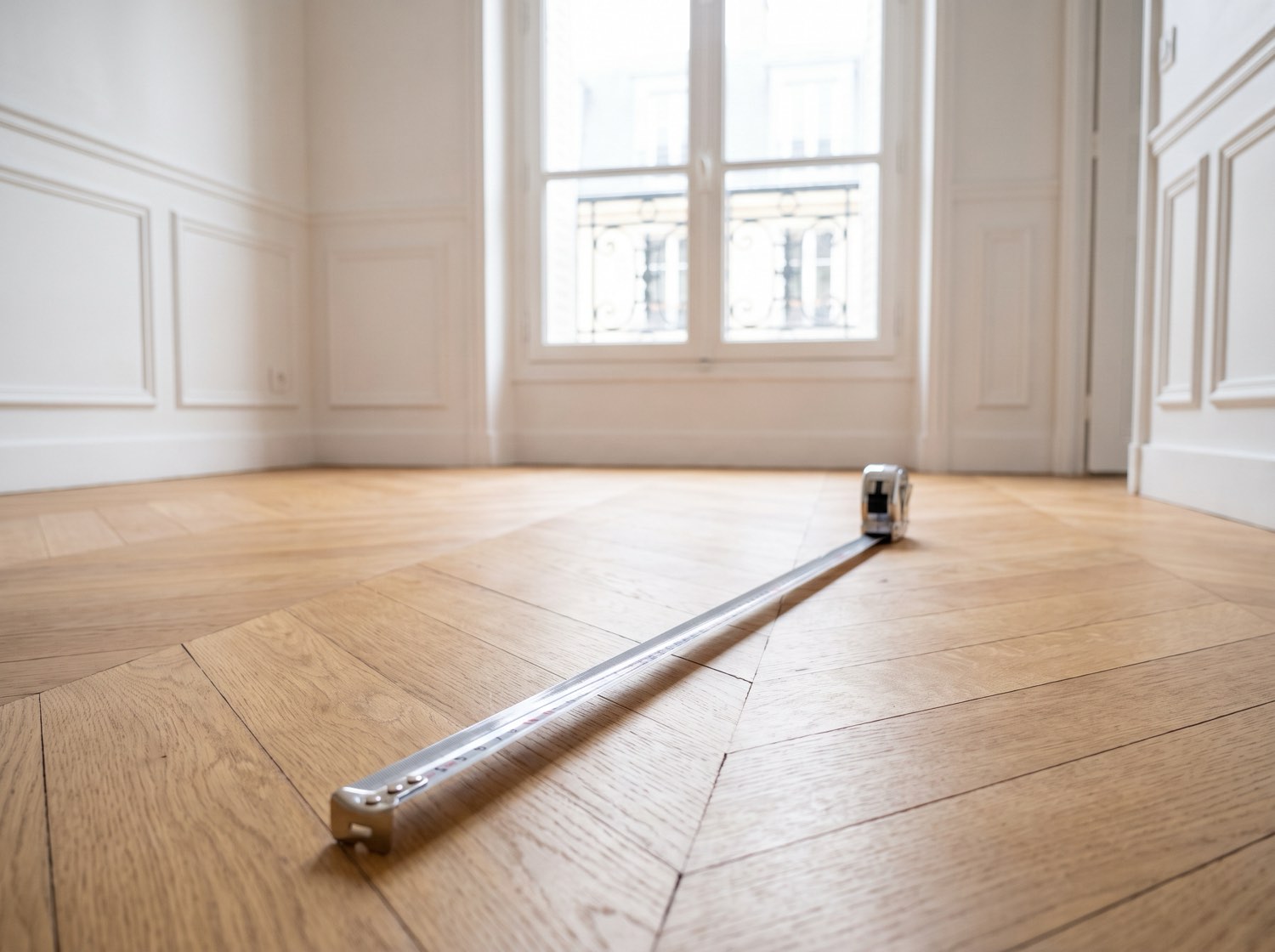 Un mètre ruban déroulé sur un parquet en point de Hongrie