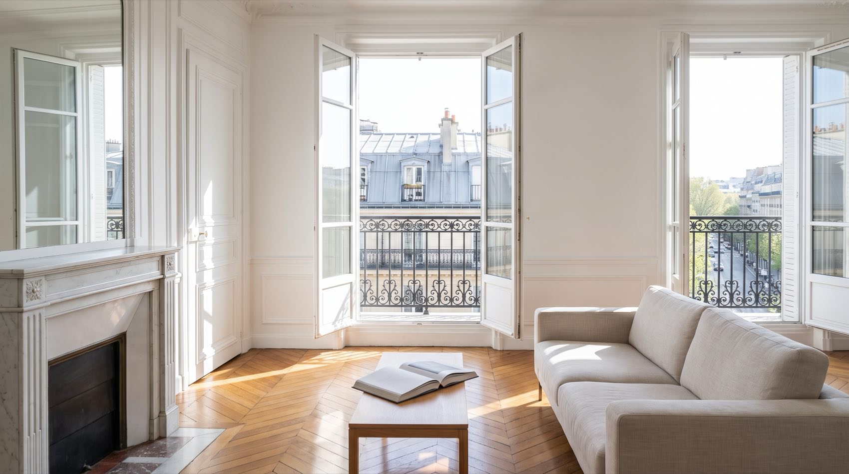 Un salon parisien ouvert sur un balcon