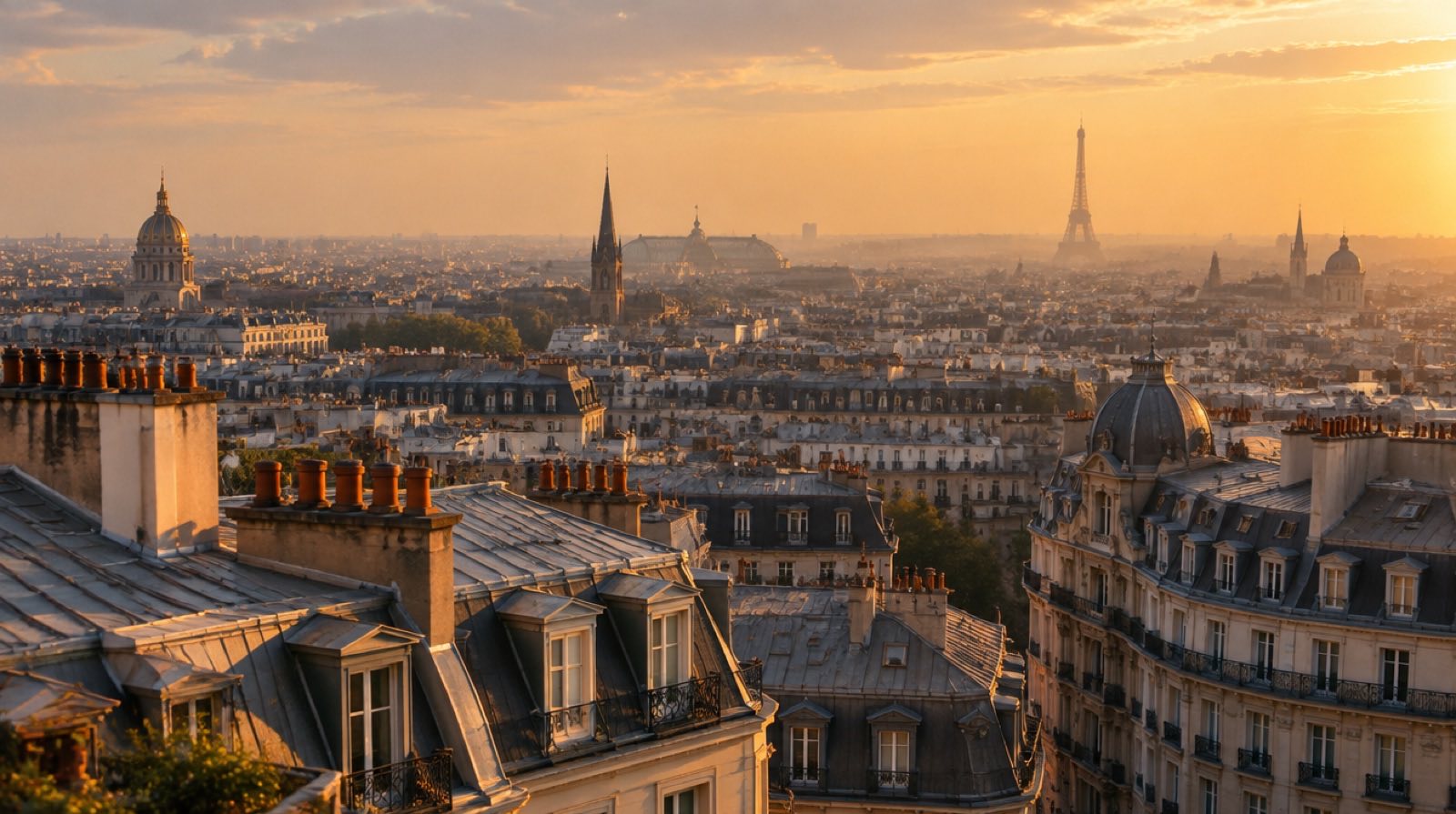 Les toits de zinc de Paris au soleil couchant